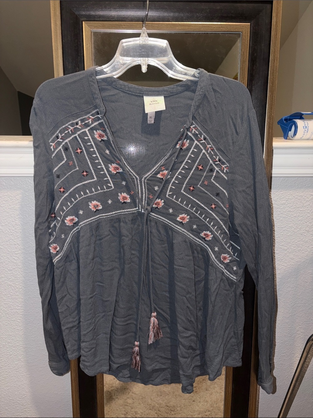 Knox Rose Gray Long Sleeve Embroidered Boho Blouse with Pink Accents